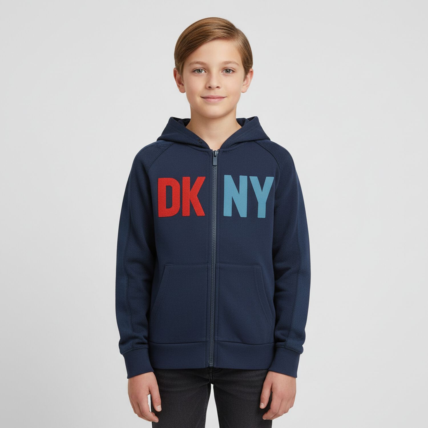 Boys Blue Logo Hooded Zip Up Top, 1, hi-res