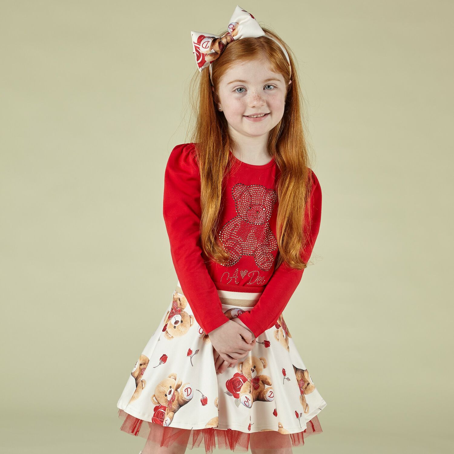 Girls Red & Ivory Teddy Skirt Set, 1, hi-res