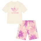 Girls Beige & Pink Logo Shorts Set, 1, hi-res