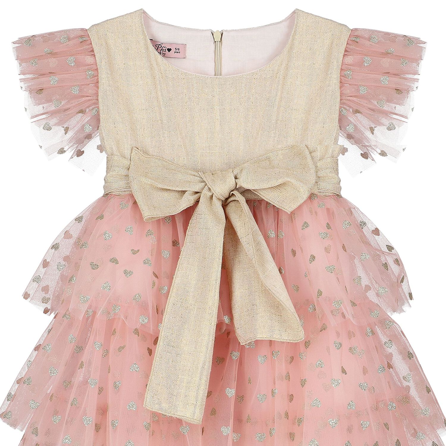 Girls Gold & Pink Tulle Bow Dress, 1, hi-res image number null