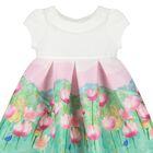 Younger Girls White, Pink & Green Floral Satin Dress, 1, hi-res