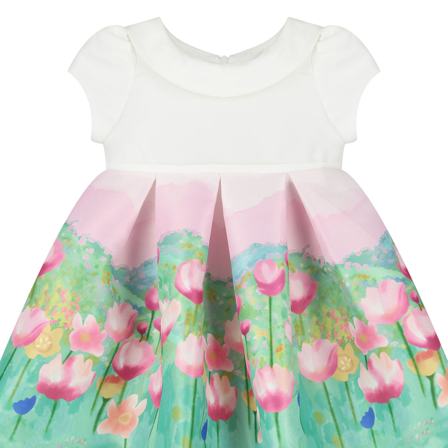 Younger Girls White, Pink & Green Floral Satin Dress, 1, hi-res