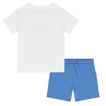 Younger Boys White & Blue Surf Board Shorts Set