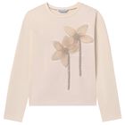 Girls Beige Flower Long Sleeve Top, 1, hi-res