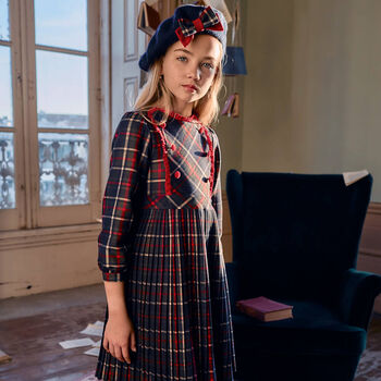 Girls Navy Blue & Red Tartan Dress