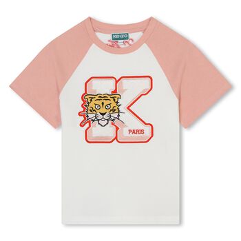 Girls Ivory & Pink Tiger Logo T-Shirt