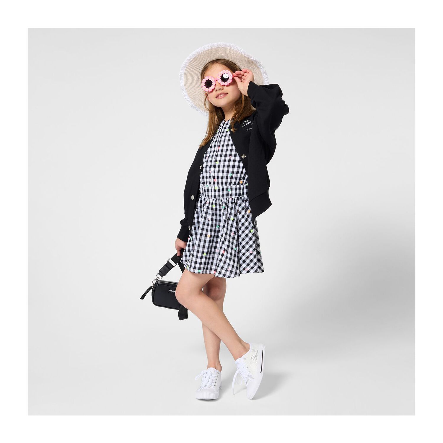 Girls Black & White Gingham Dress, 1, hi-res