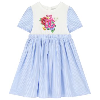 Girls Blue & White Striped Dress With Floral DG Logo