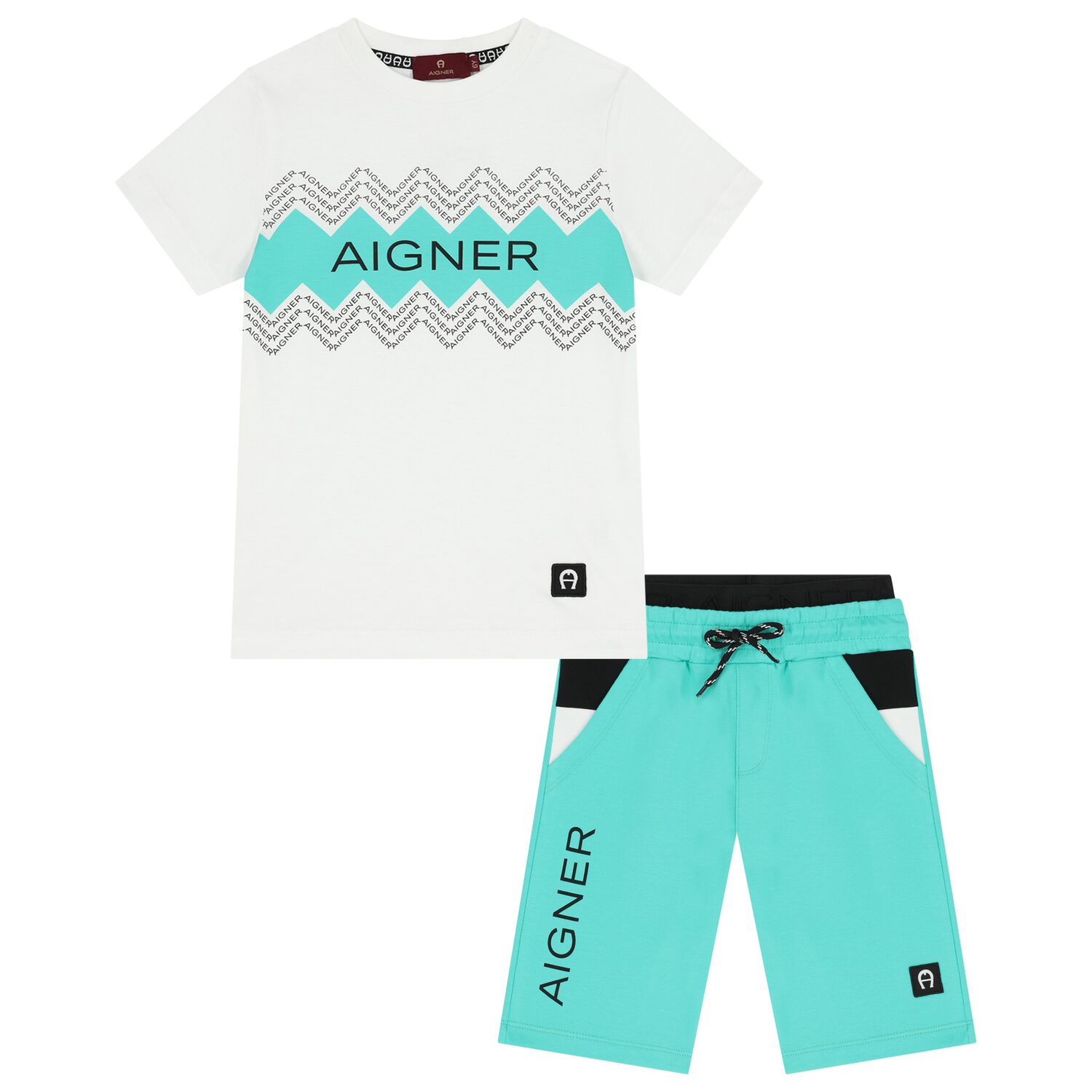 Boys White & Aqua Logo Shorts Set, 2, hi-res image number null