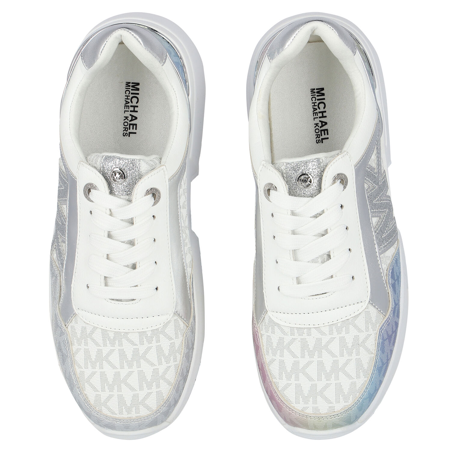Girls White & Silver Logo Trainers, 1, hi-res