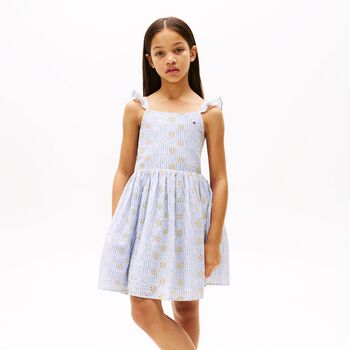Girls Blue Striped Broderie Cotton Dress