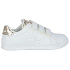 White & Gold Velcro Logo Trainers, 1, hi-res