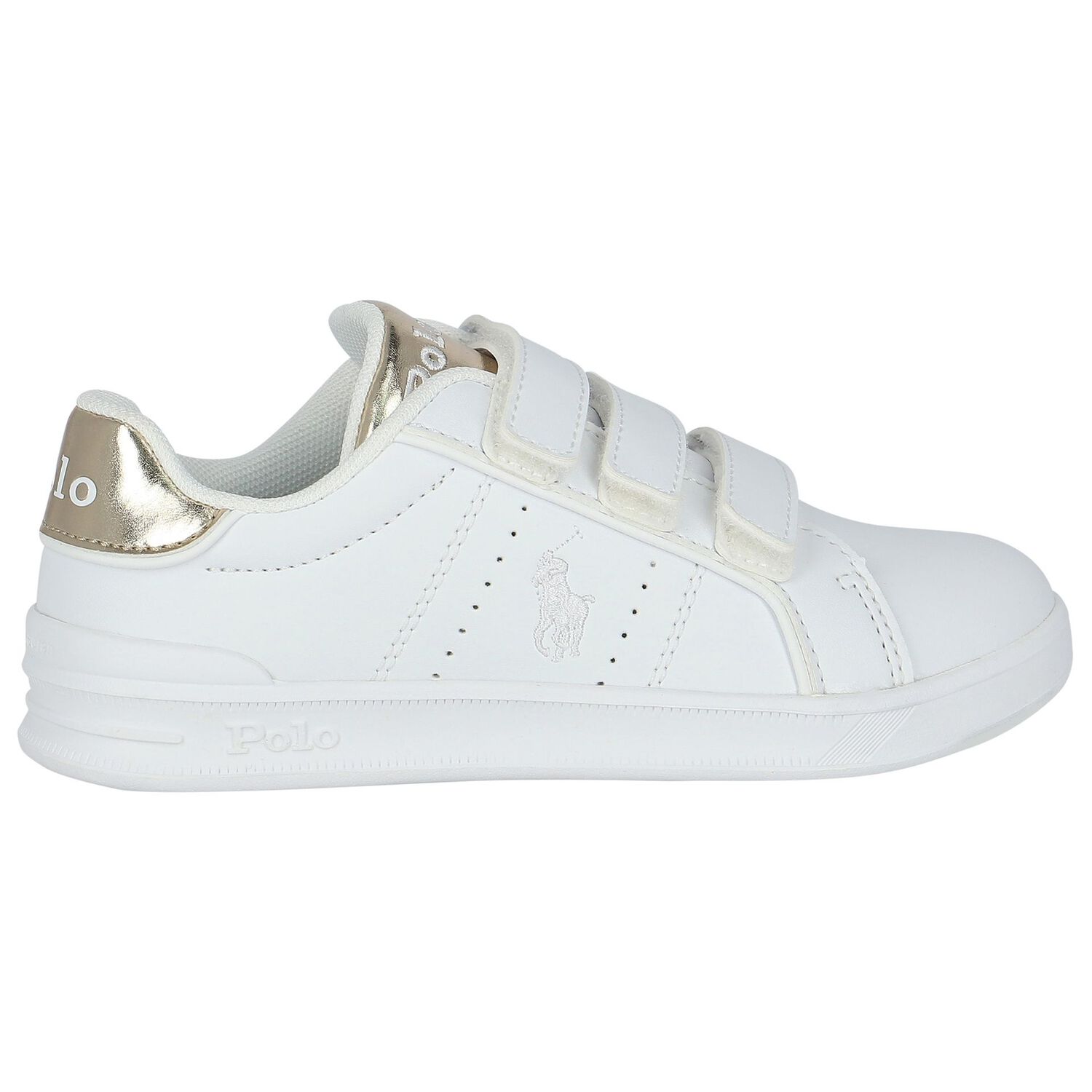 White & Gold Velcro Logo Trainers, 1, hi-res