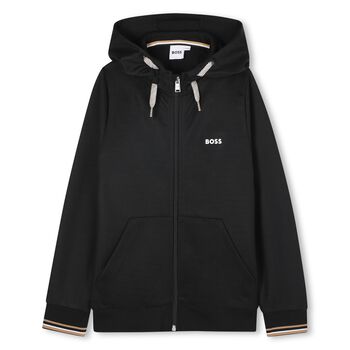 Boys Black Logo Hooded Zip Up Top