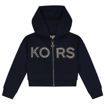 Girls Navy Blue Logo Hooded Zip Up Top