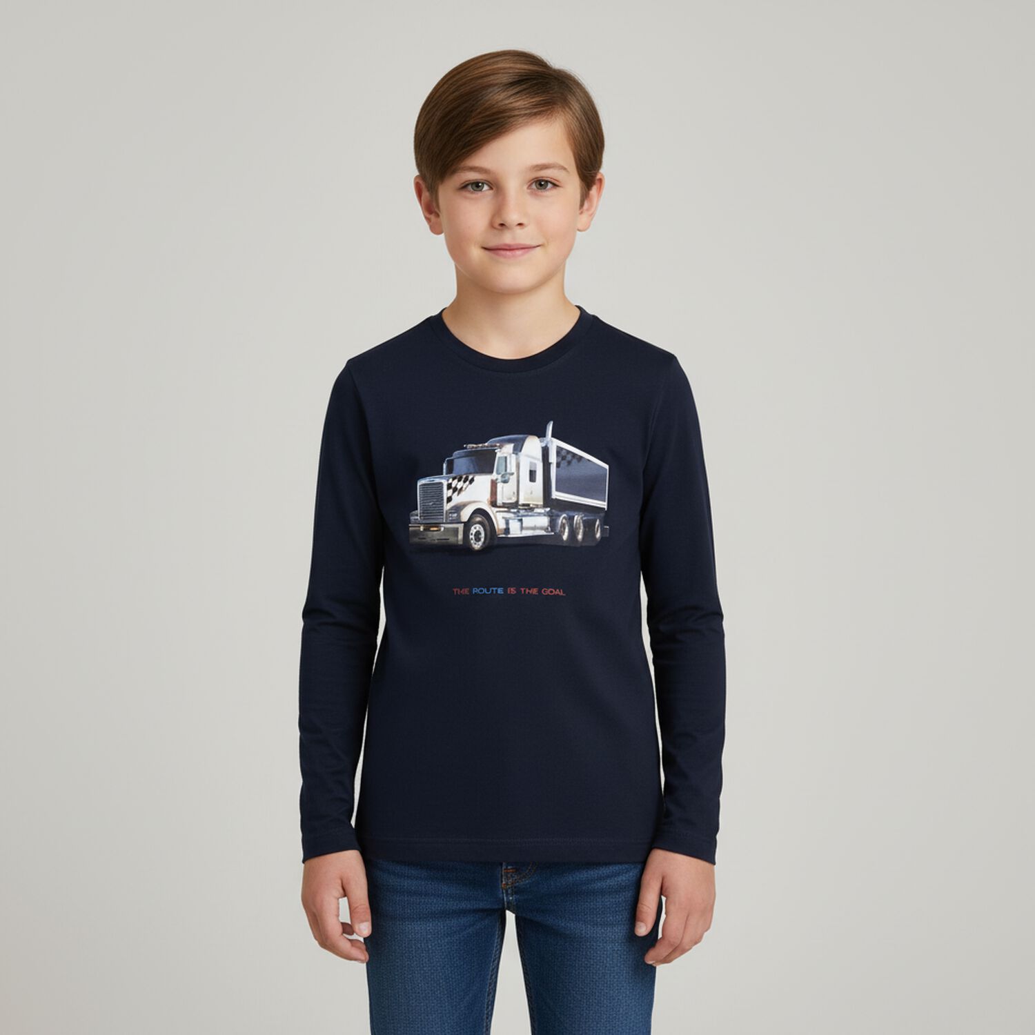 Boys Navy Blue Truck Long Sleeve Top, 2, hi-res