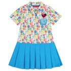 Girls White & Blue Logo Pleated Dress, 1, hi-res