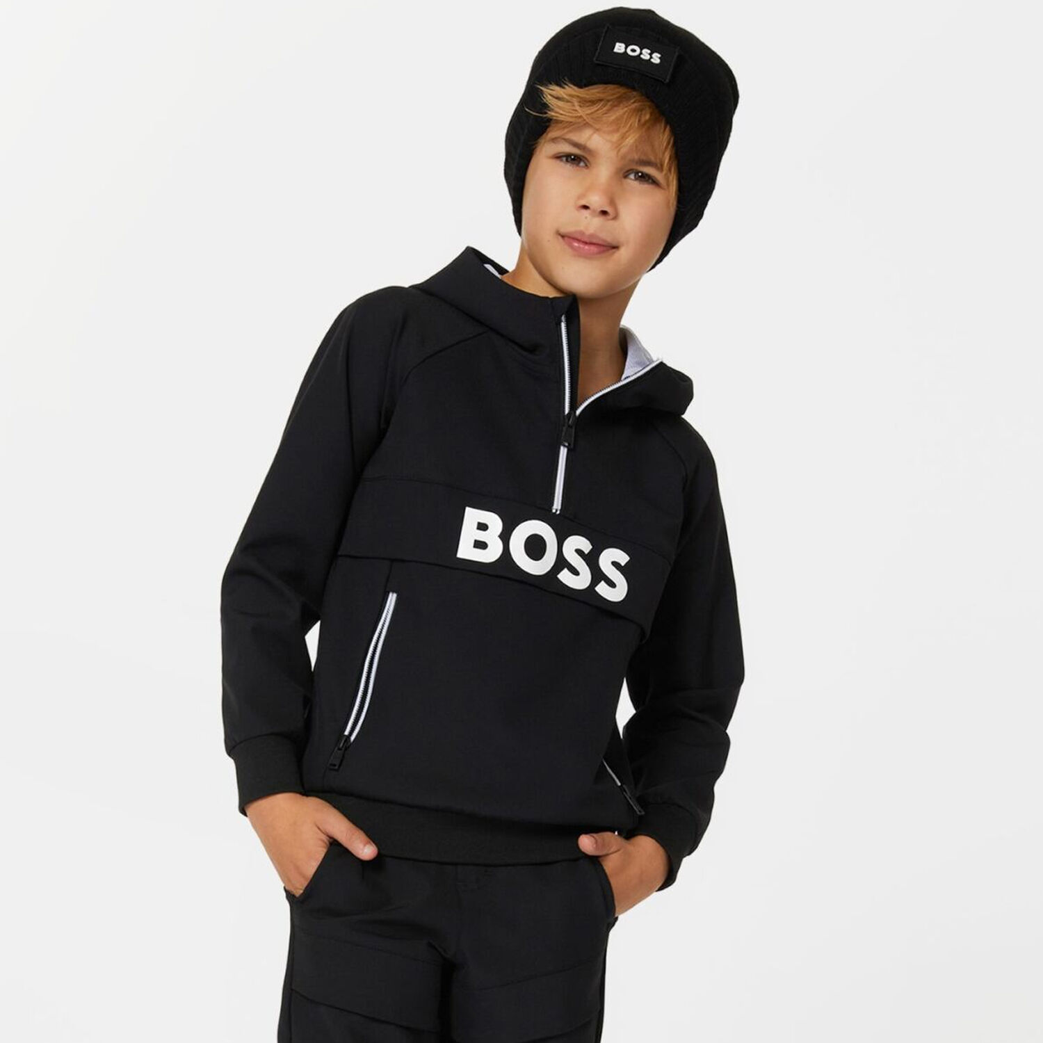 Boys Black Logo Hooded Top, 1, hi-res image number null