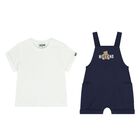 Younger Navy Blue & White Teddy Bear Logo Dungaree Set, 1, hi-res