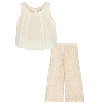 Girls Beige & Gold Chiffon & Sequin Lace Trousers Set