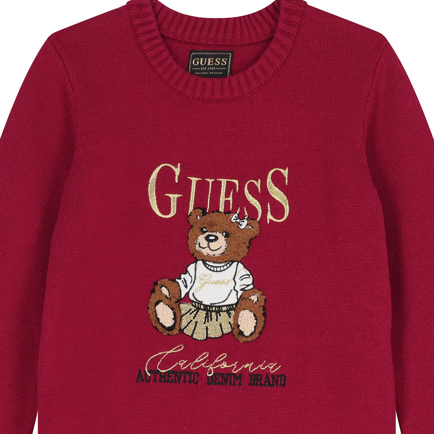 Girls Red Teddy Bear Knitted Sweatshirt, 1, hi-res