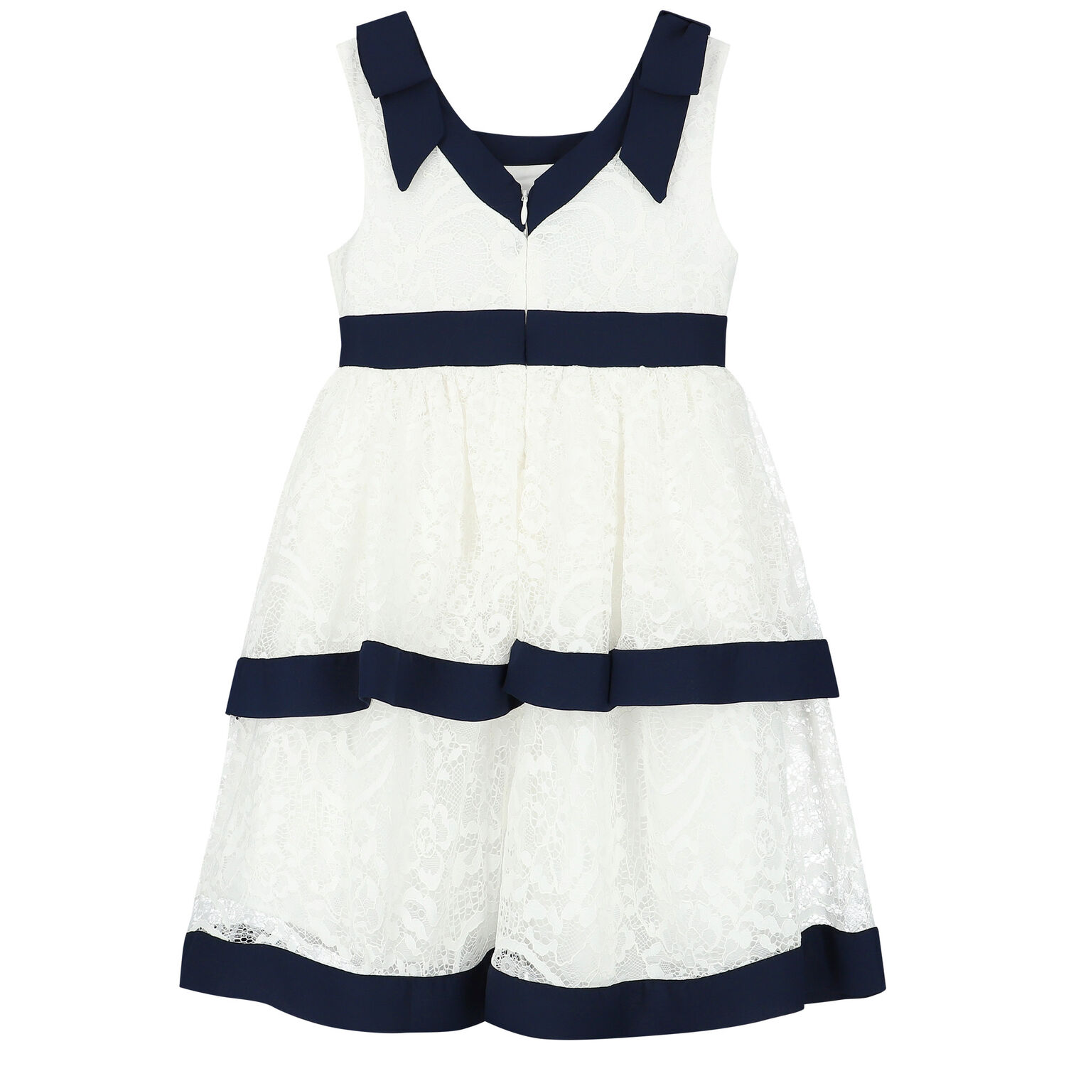 Girls White & Navy Lace Dress, 1, hi-res