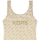 Girls Beige Logo Swimsuit, 1, hi-res