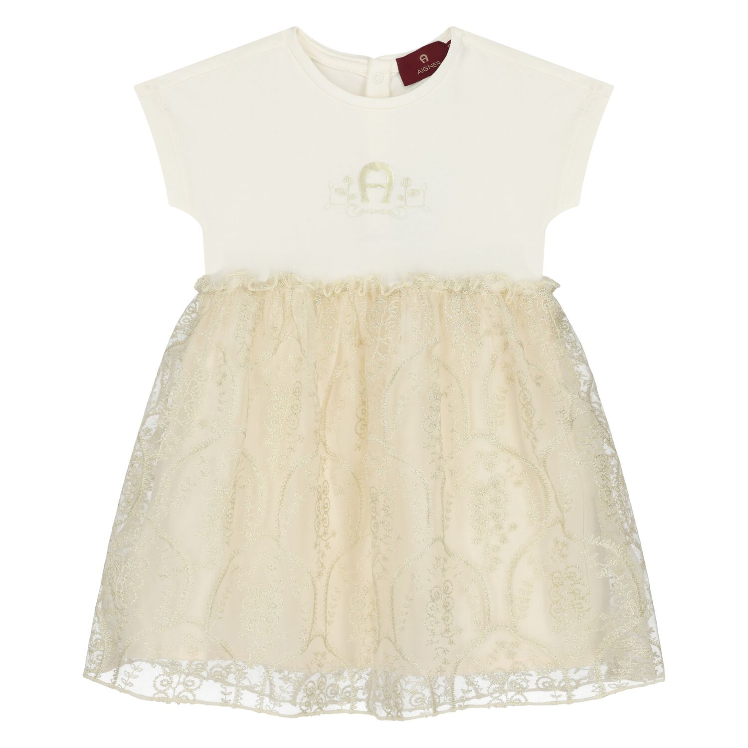 Younger Girls Ivory & Gold Logo Dress, 1, hi-res