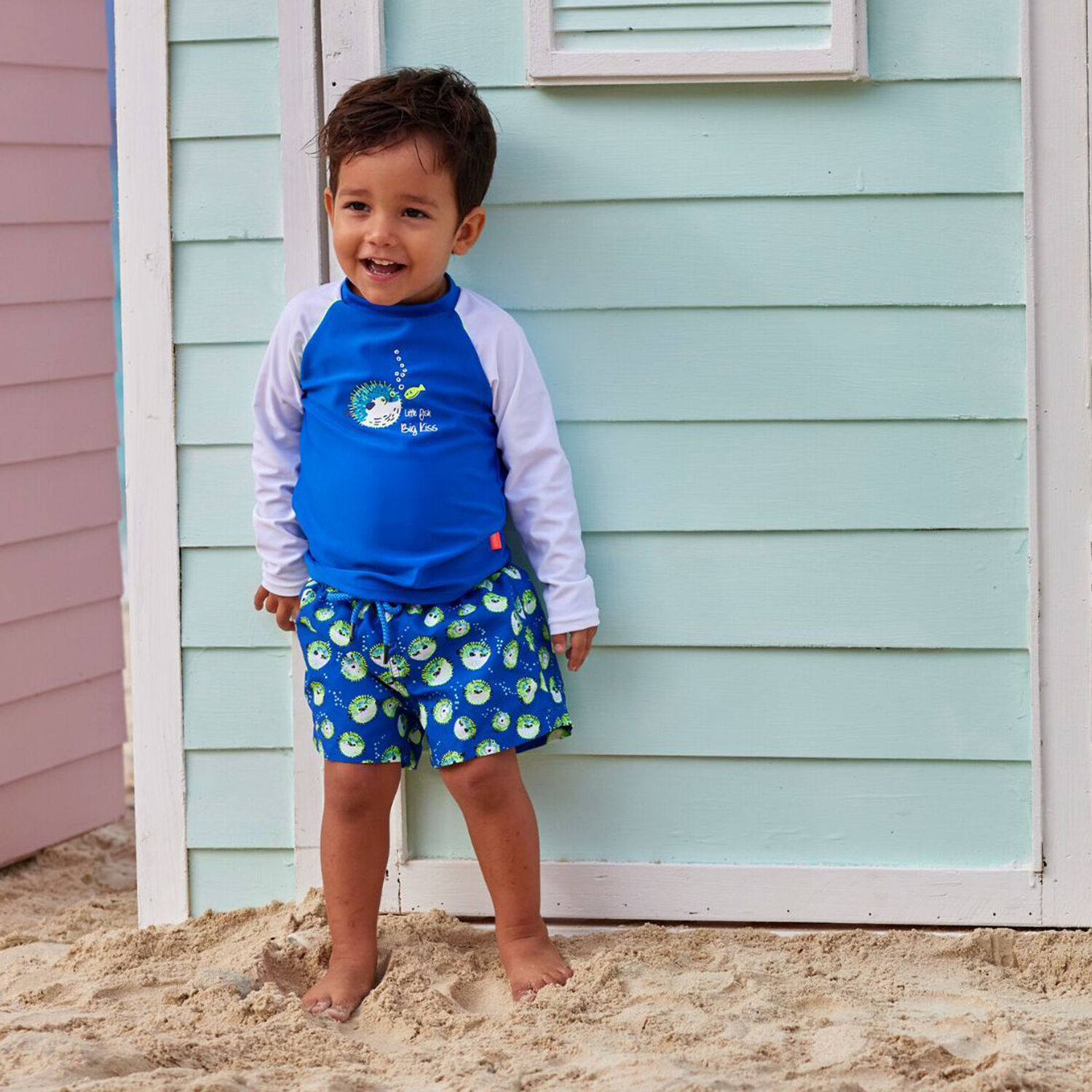 Baby Boys Blue & White Puffer Fish Long Sleeve Rash Vest, 1, hi-res image number null