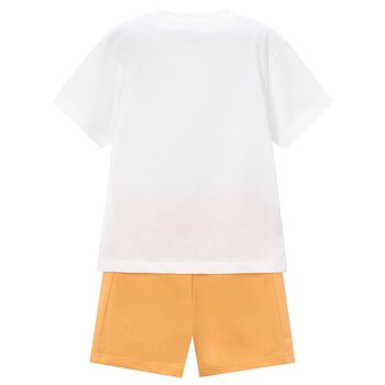 طقم شورتات للأولاد باللونين الأبيض والبرتقالي بنقشة سمكة القرش
