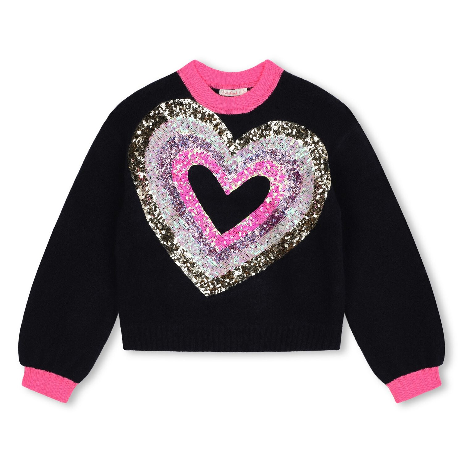 Girls Navy Blue Sequin Heart Sweater, 1, hi-res