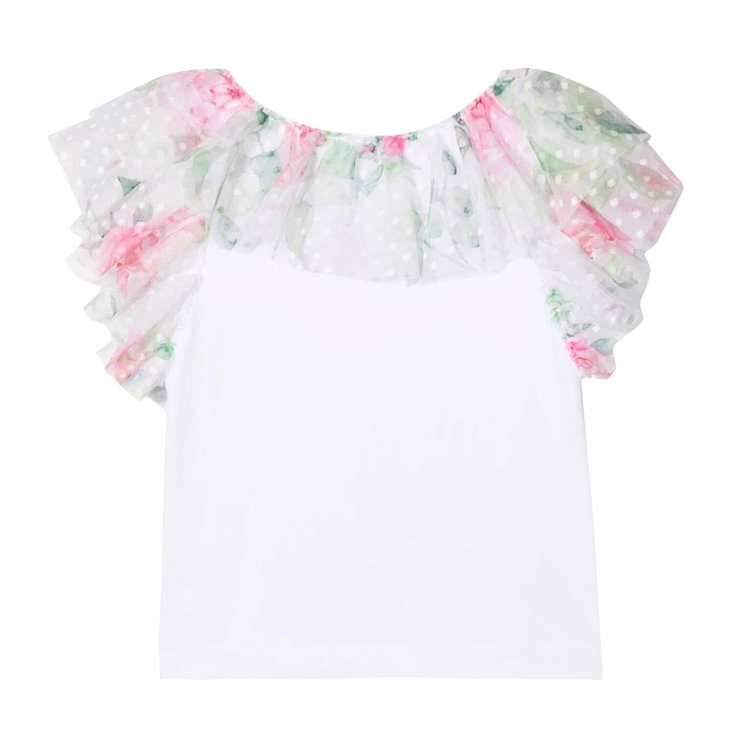 Girls White & Floral Tulle Top, 1, hi-res
