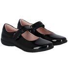 Girls Black Logo Patent Leather Shoes, 2, hi-res