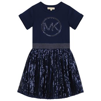 Girls Navy Blue Logo Sequin Dress