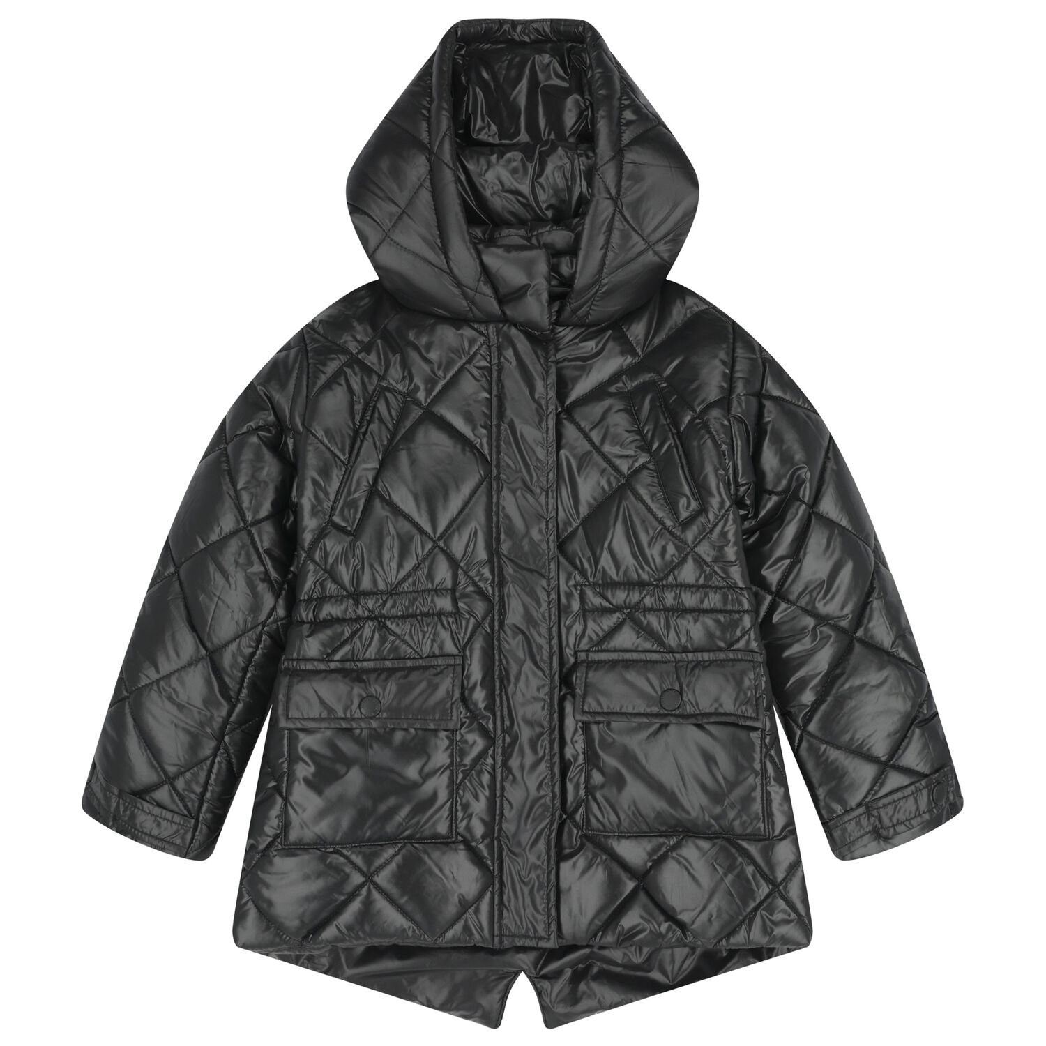 Girls Black Quilted Puffer Jacket, 1, hi-res