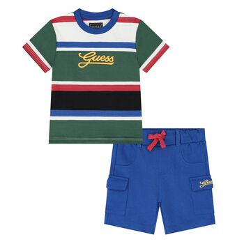 Younger Boys Blue Logo Striped Shorts Set