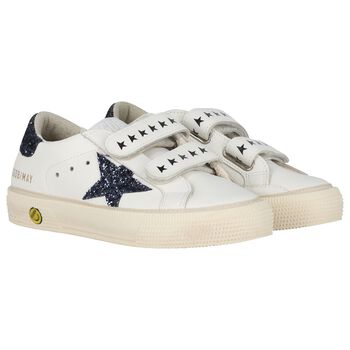 Girls Ivory & Navy Blue Logo Trainers
