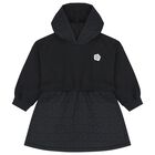 Girls Black Bokeh Flower Logo Hooded Dress, 1, hi-res