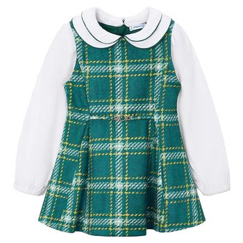 Girls Green & White Pinafore Dress