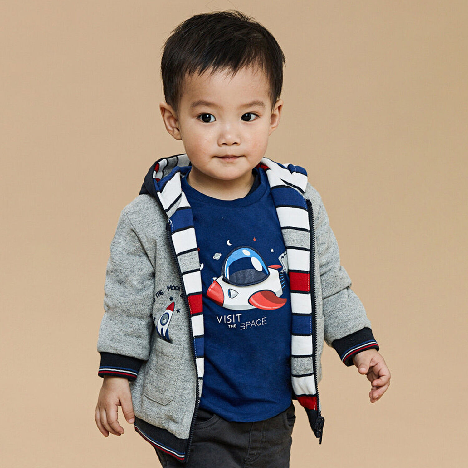 Younger Boys Blue Spaceship Long Sleeve Top, 1, hi-res