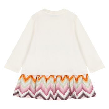 Younger Girls Ivory & Pink Zig Zag Logo Dress