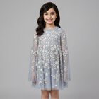 Girls Blue Floral Tulle Cape Dress, 1, hi-res