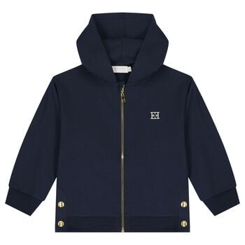 Girls Navy Blue Logo Hooded Zip Up Top