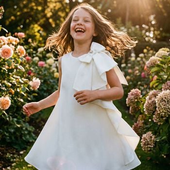 Girls Ivory Crepe Bow Dress 