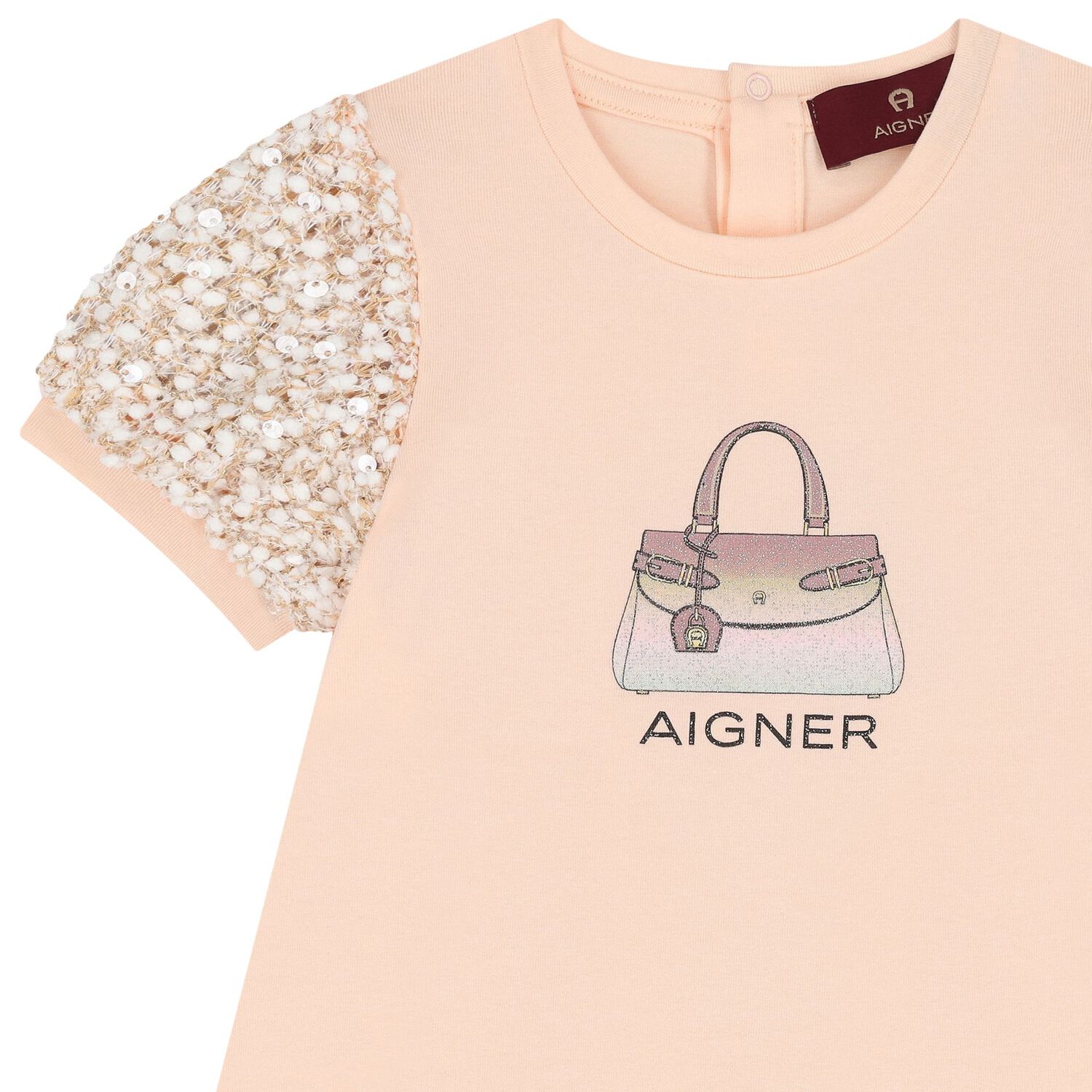 Younger Girls Pale Orange Bag Print Dress, 2, hi-res