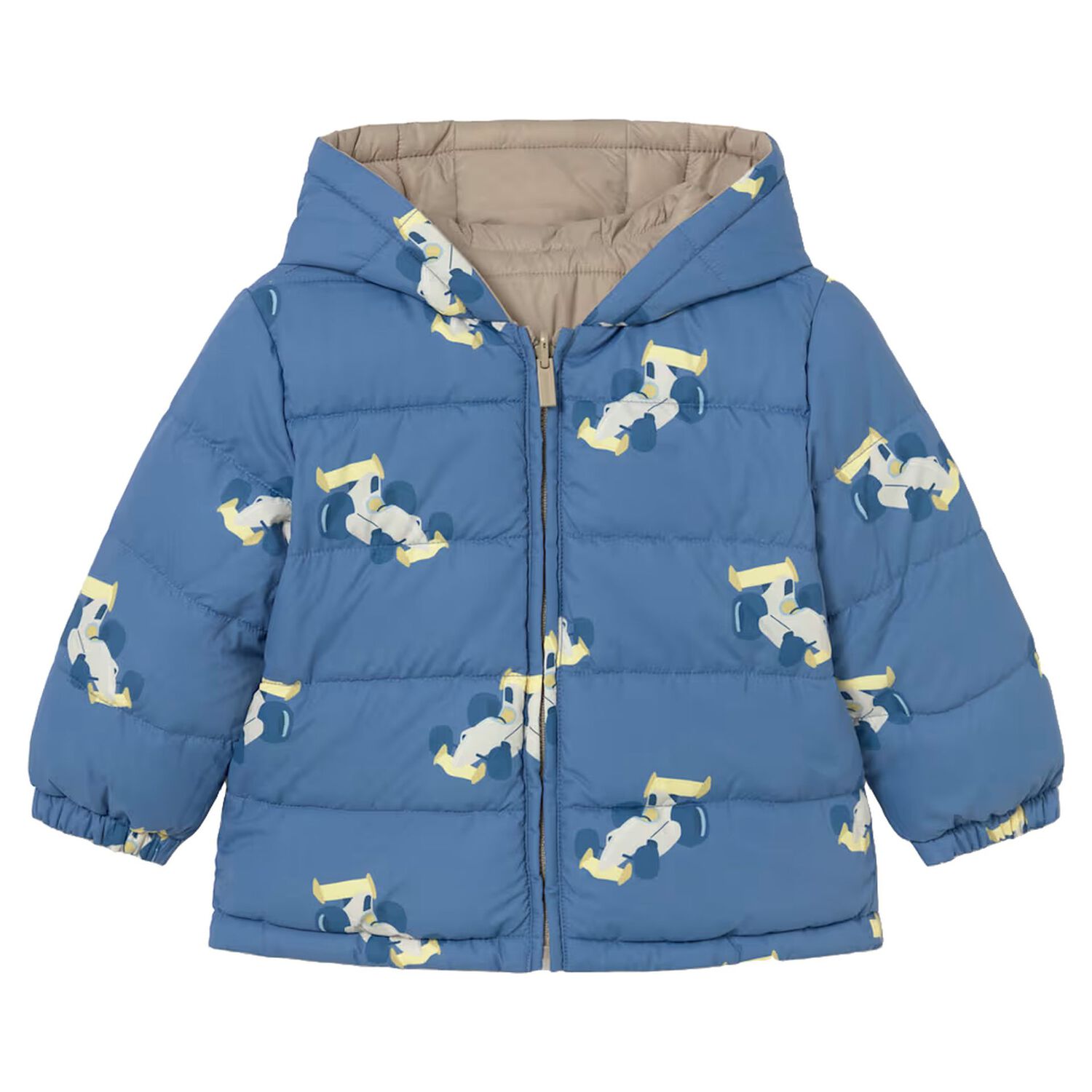 Younger Boys Beige & Blue Race Car Reversible Puffer Jacket, 1, hi-res