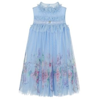Girls Blue Floral Tulle Dress