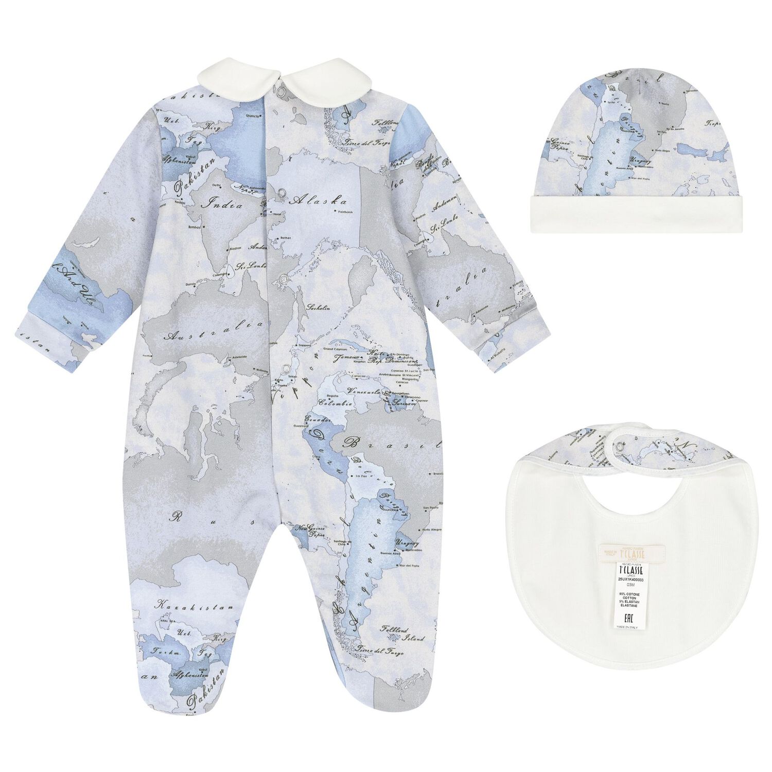 Baby Boys Blue & Grey Geo Map Babygrow Gift Set, 3, hi-res