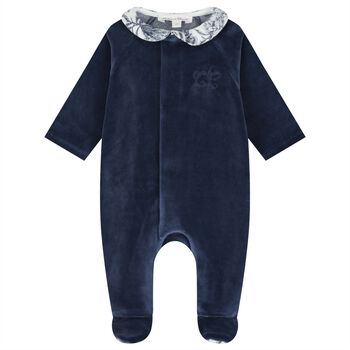 Baby Boys Navy Blue & Ivory Toile De Jouy Babygrow