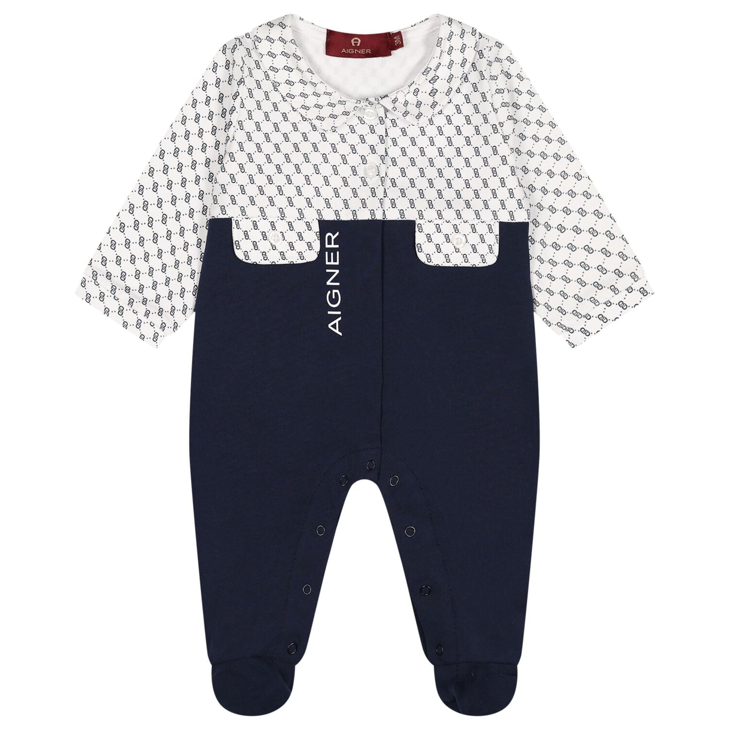 Baby Boys White & Navy Blue Logo Babygrow, 2, hi-res